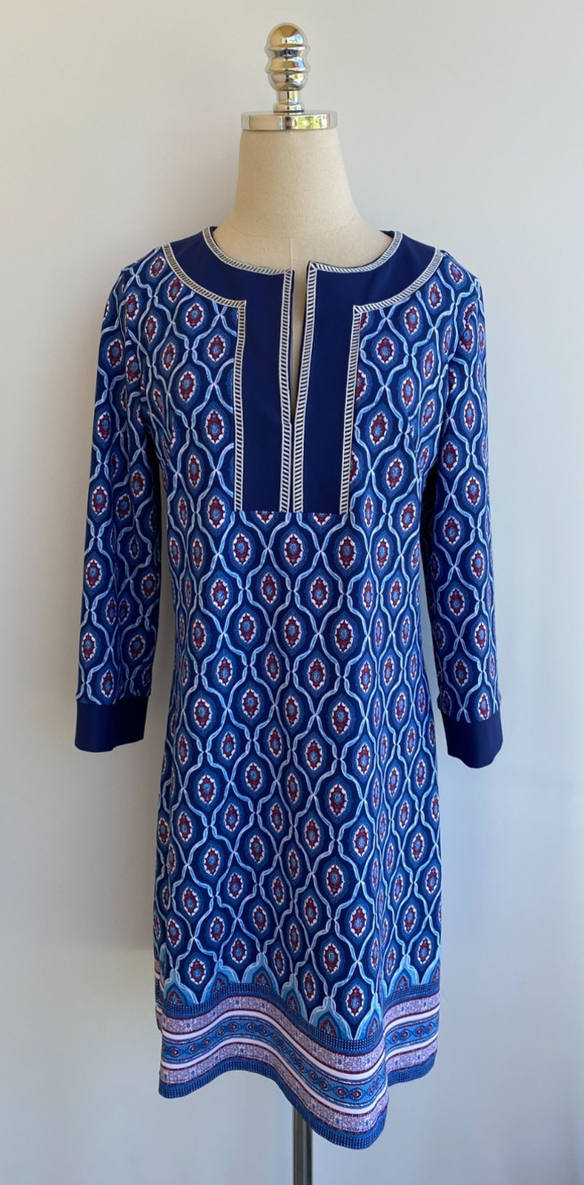 Cabana Life Tunic Dress 3/4 Sleeves Stretch Geometric Size M UPF 50 Blue